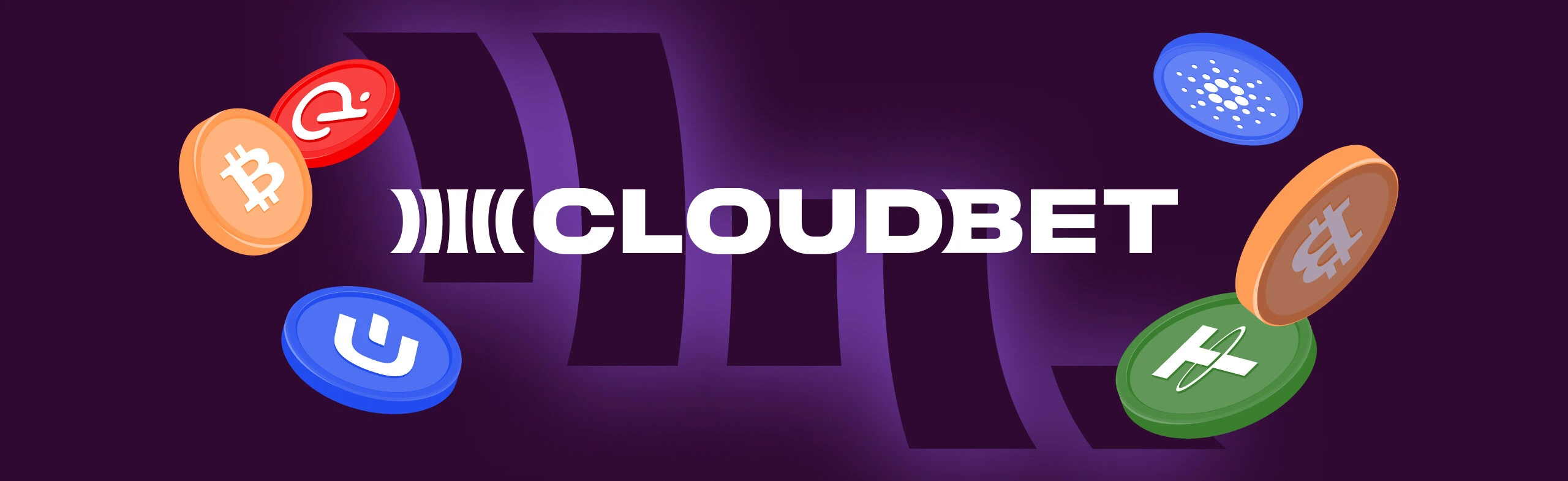 cloudbet logo with different cryptocurrency coins, like bitcoin and usdt floating around it