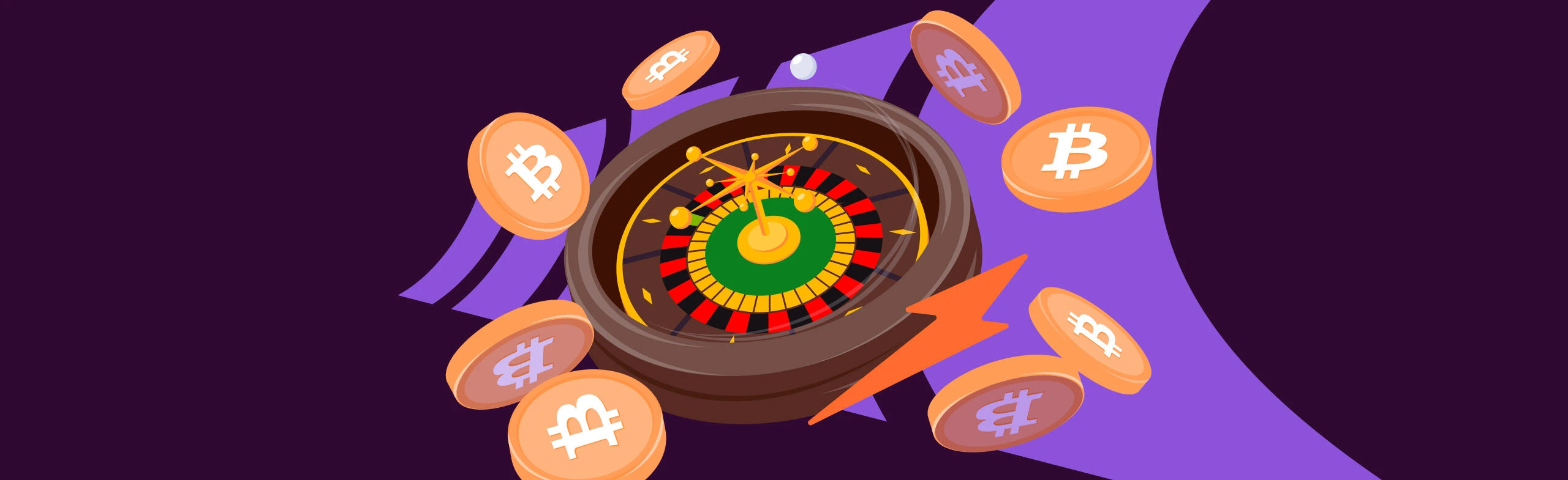 graphic of a roulette wheel with bitcoin coins flying around the wheel