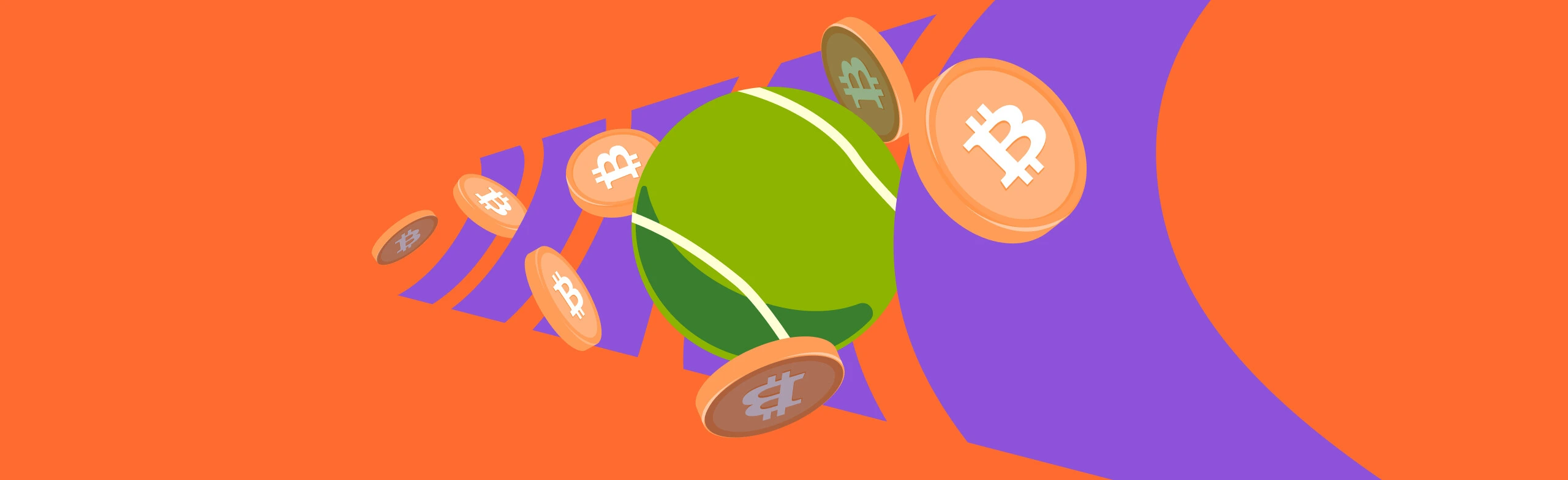 graphic of a tennis ball with bitcoin coins flying around it