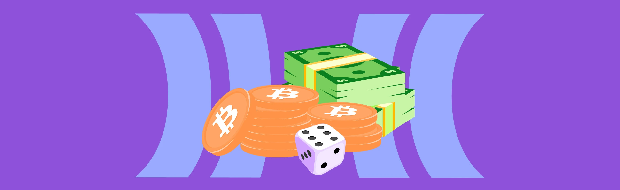 stack of cash, bitcoin coins, and a die in a pile