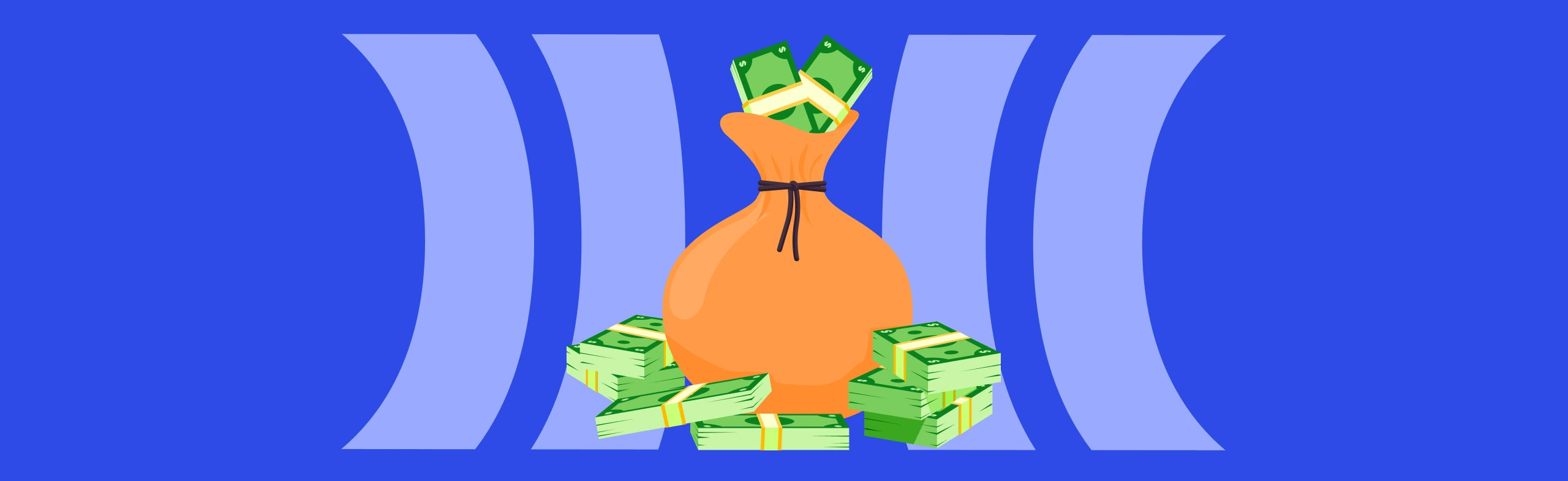 a canvas bag overflowing with cash and stacks of money piled around it