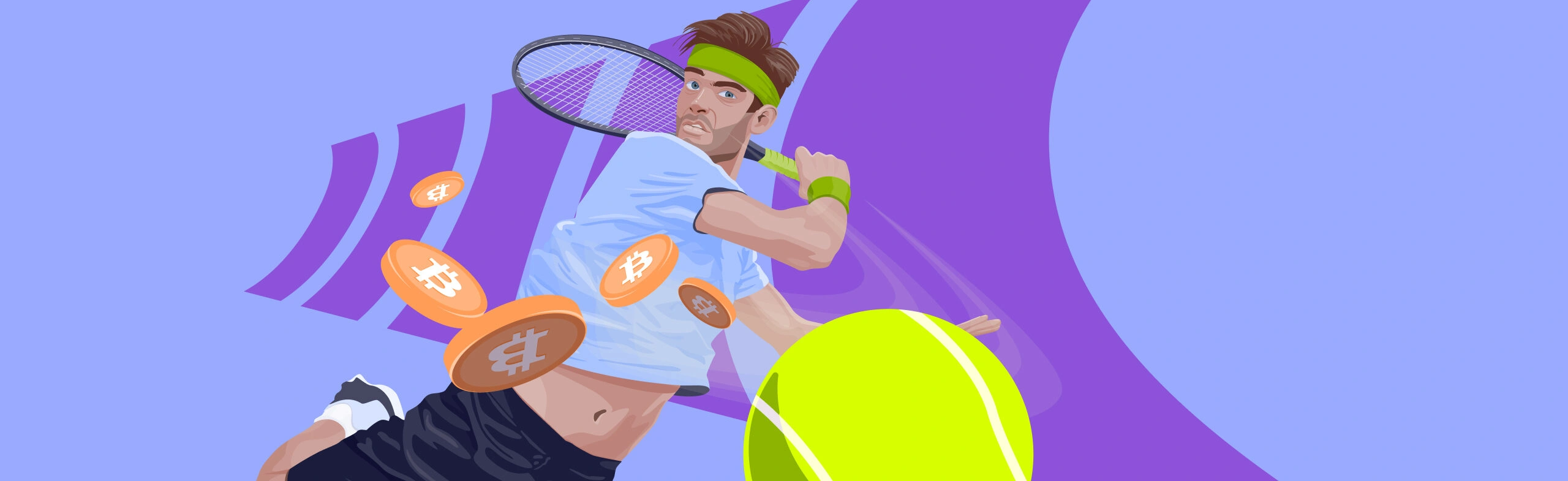 male tennis player following through on tennis ball served at the viewer as bitcoin coins float around him