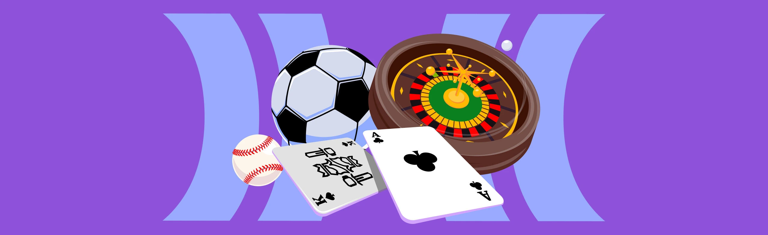 playing cards, roulette wheel, soccer ball, and baseball sitting in an arranged pile in front of the cloudbet logo