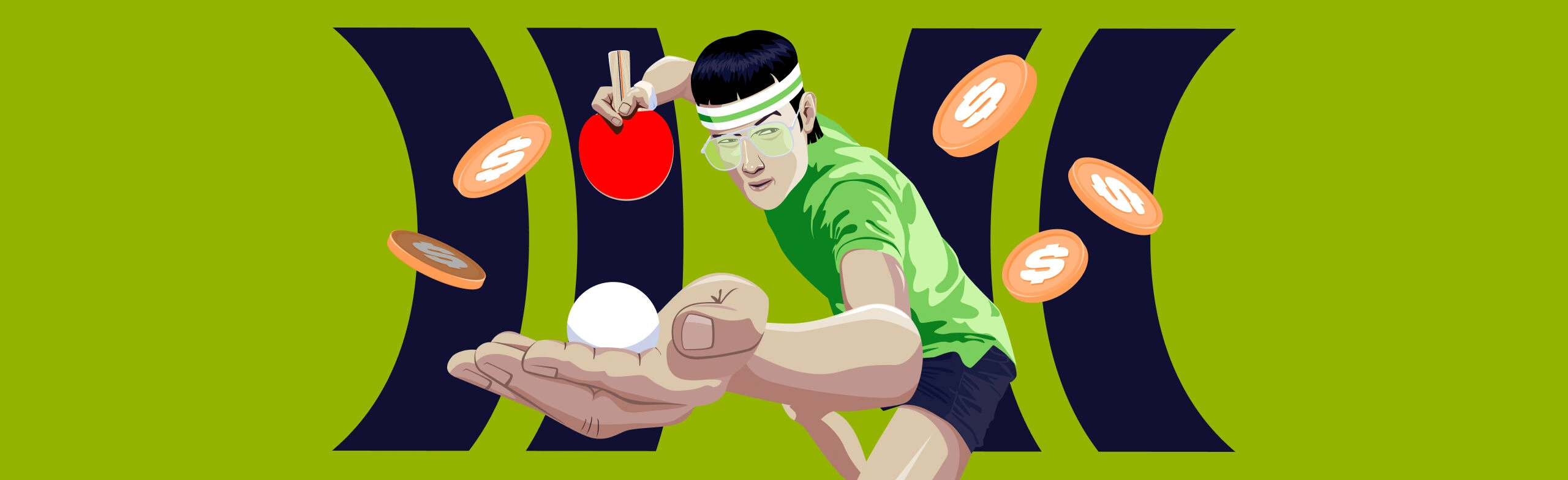 male ping pong player holds a ping pong ball close to the view with paddle poised in the other hand ready to set while bitcoin coins float around him