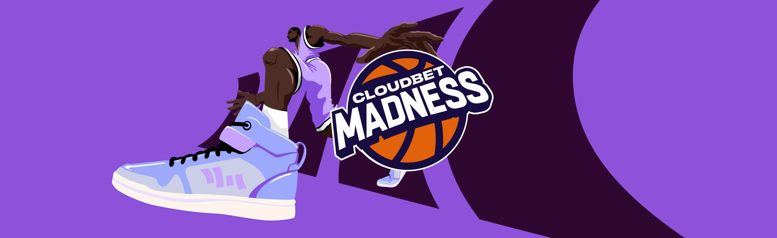 basketball player bounces a basketball with 'cloudbet madness' written on it