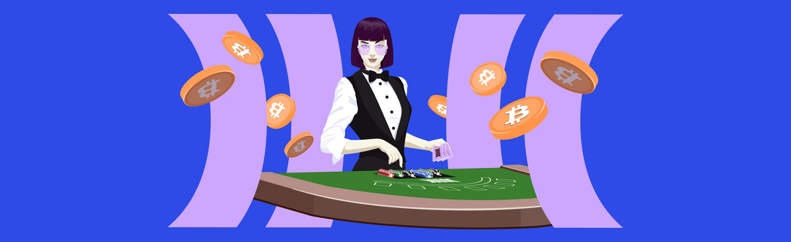 glamorous female croupier at poker table with bitcoin coins floating around