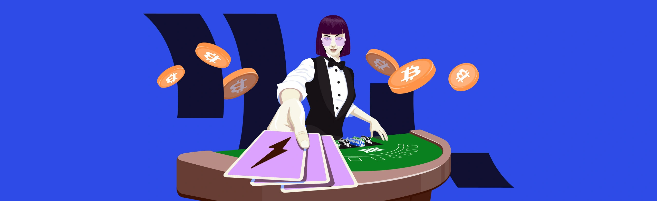 woman croupier at a baccarat table holds playing cards with lightning symbol on them as bitcoin coins float around her