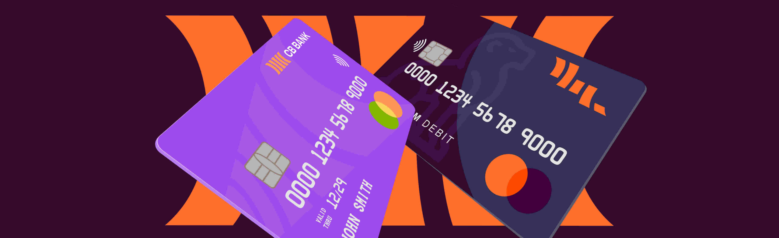 purple debit and black credit card in front of the new cloudbet logo in orange