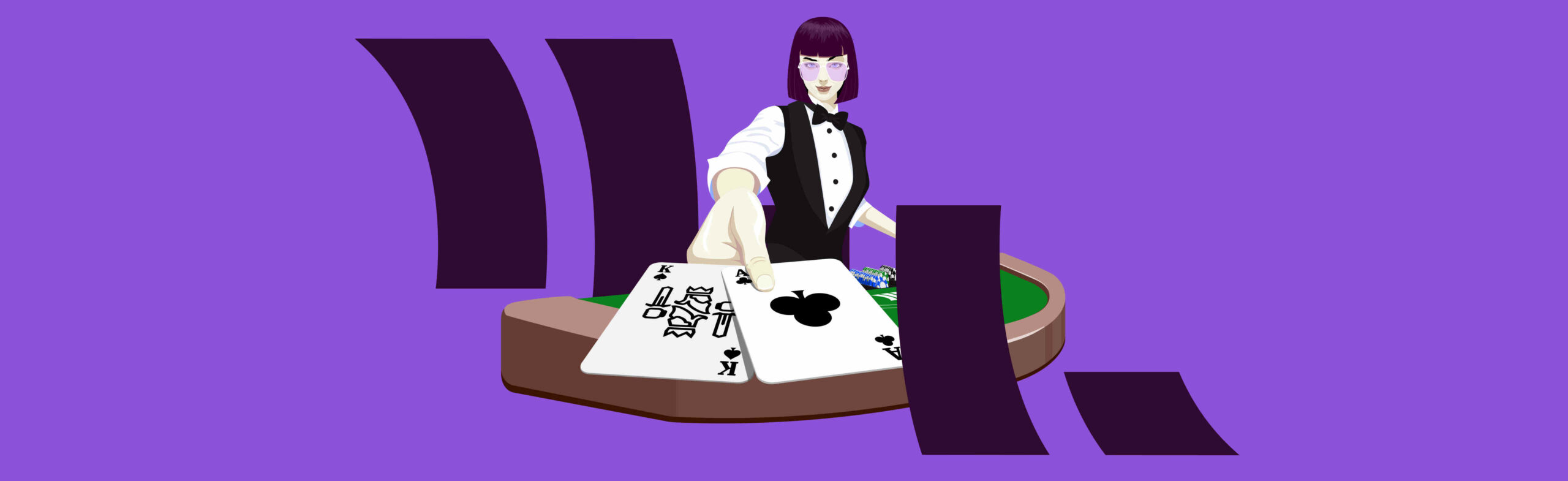 cartoon female dealer dealing cards out to the viewer from a casino table. the new cloudbet logo is positioned dynamically around the dealer
