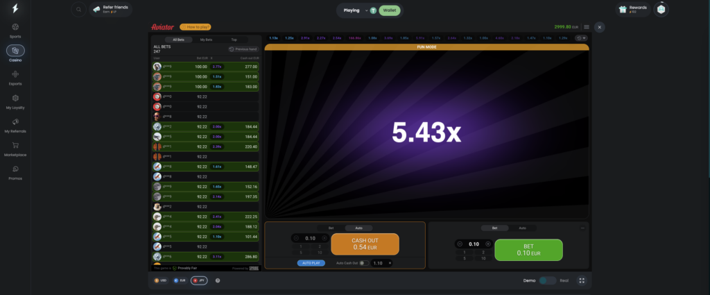 Cloudbet crypto casino interface showing Aviator Casino Game demo mode