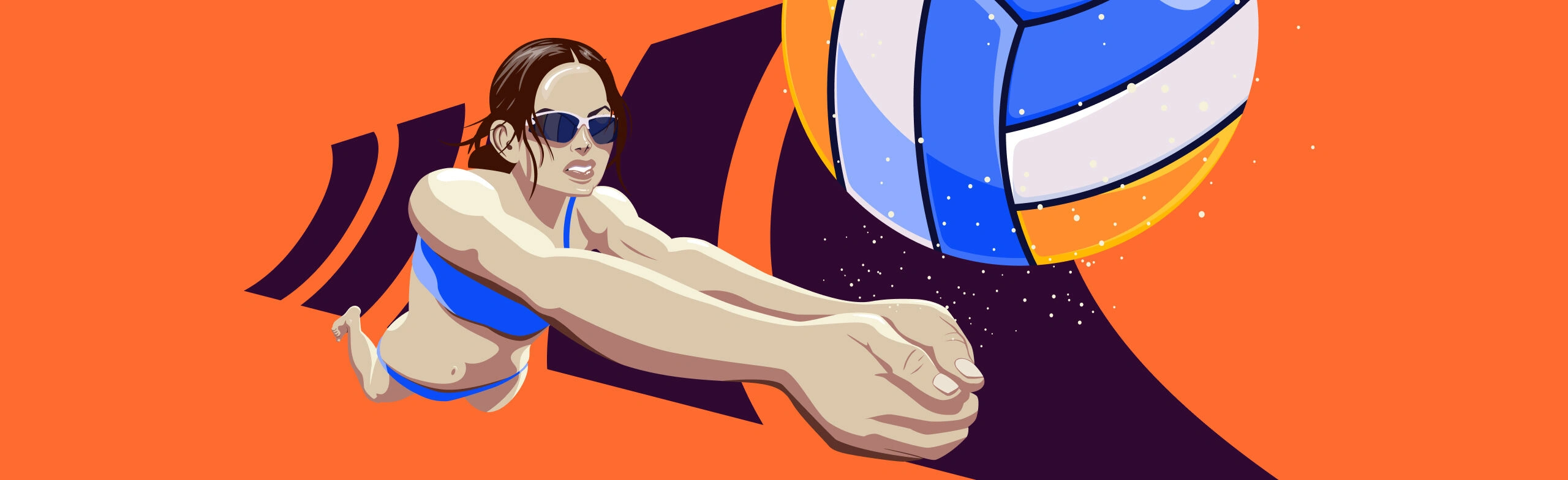 woman in a bikini lunges towards a volleyball with grains of sand flying