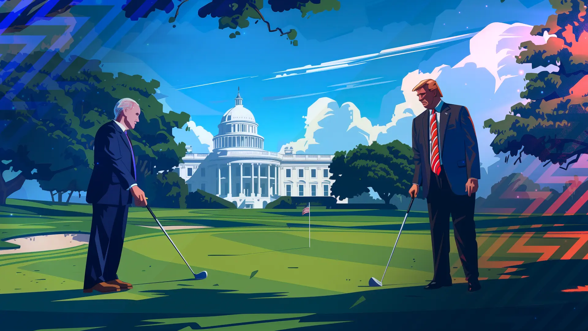 Donald Trump and Joe Biden on the golf course with the White House in the background