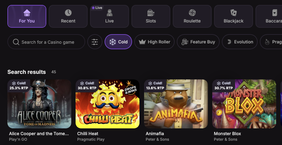 cold RTP section of the cloudbet casino lobby 