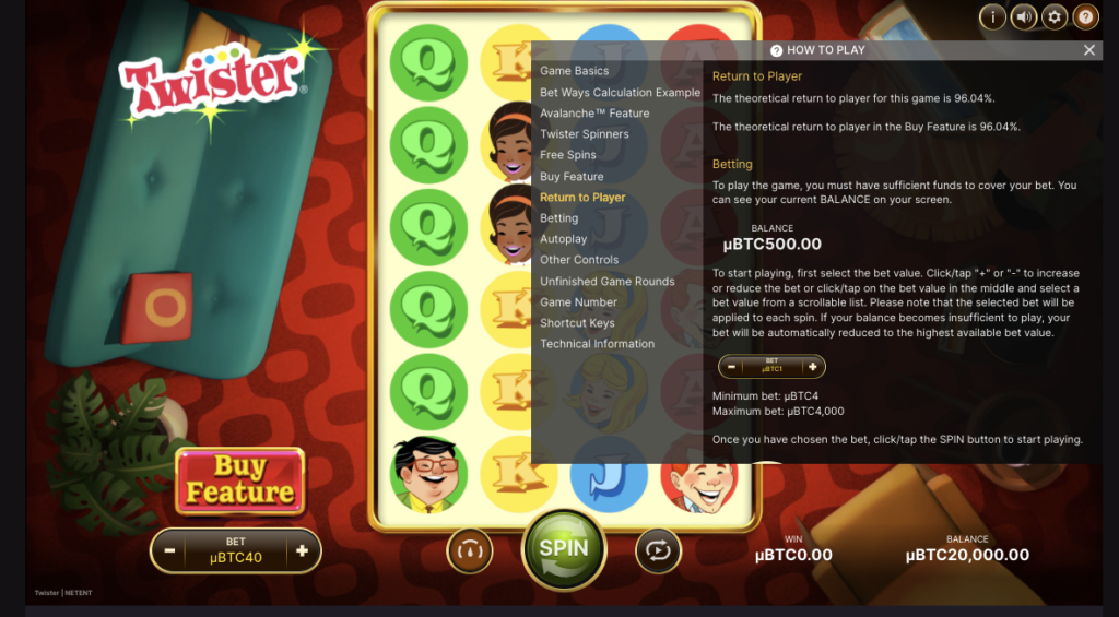 screenshot of netent online slot game showing the Return to Player percentage