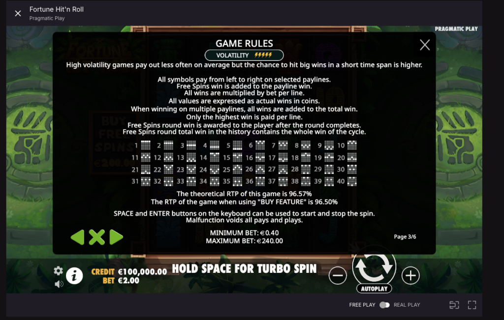 screenshot of pragmatic play online slot game at cloudbet with a window showing the RTP percentage