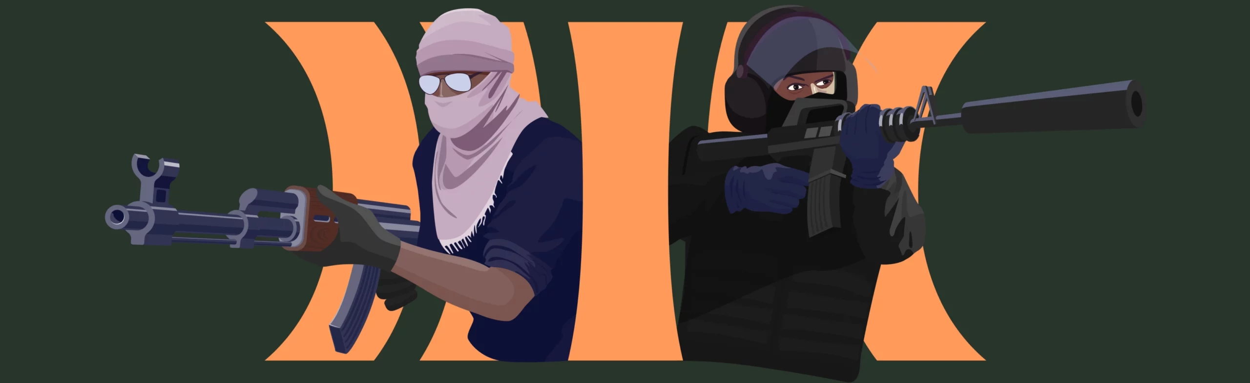men with their faces covered holding guns like players in counter strike 2 in front of a vibrant orange cloudbet logo