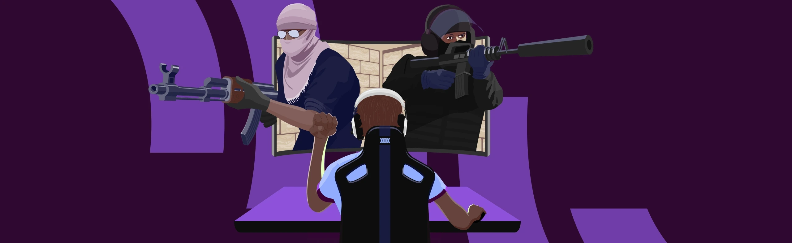 a gamer sits with his back to the viewer with his fist raised in triumph. two masked people wielding rifles seem to pop out of his computer screen