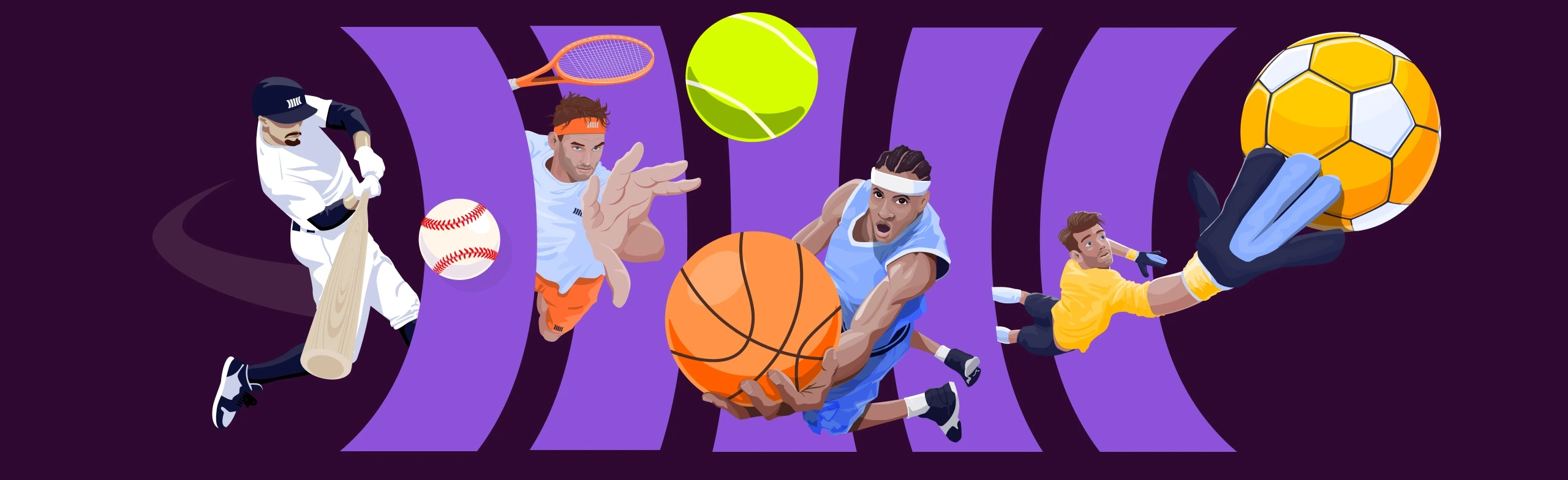 a graphic illlustration of baseball, tennis, basketball, and soccer players all lunging or swinging for balls. only parts of their body are visible as they reach through the cloudbet logo