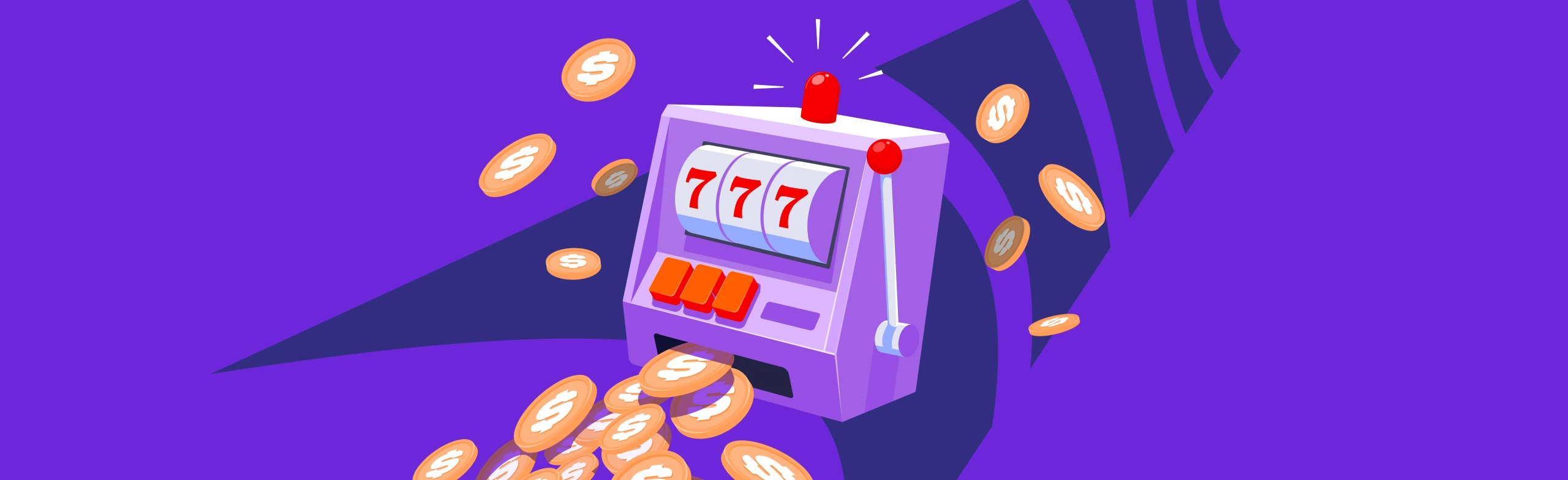 cartoon style slot machine with coins floating around and pouring out of it in front of the purple cloudbet logo