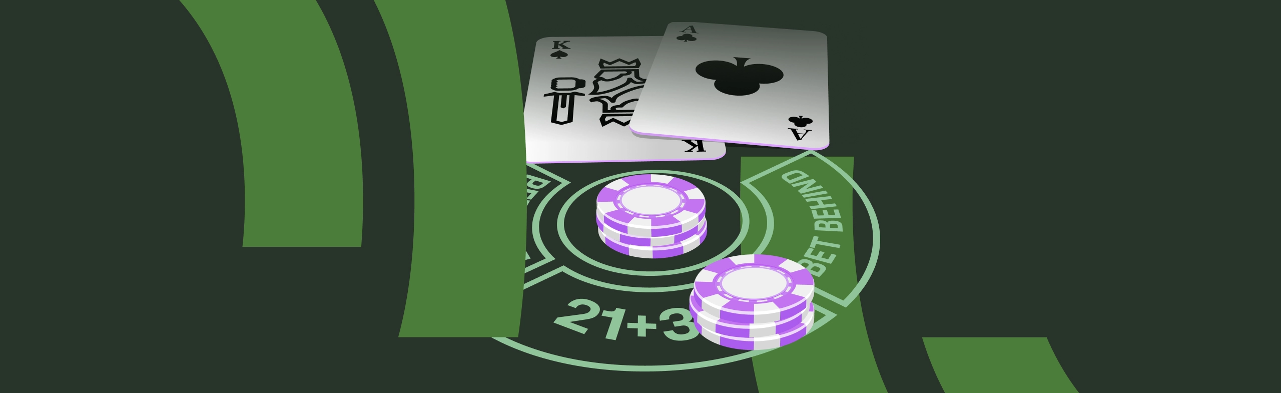 graphic illustration of the area on a blackjack table where a player makes the 21+3 side bet. there are casino chips inside the area and a pair of playing cards beside them showing a king of spades and ace of clubs