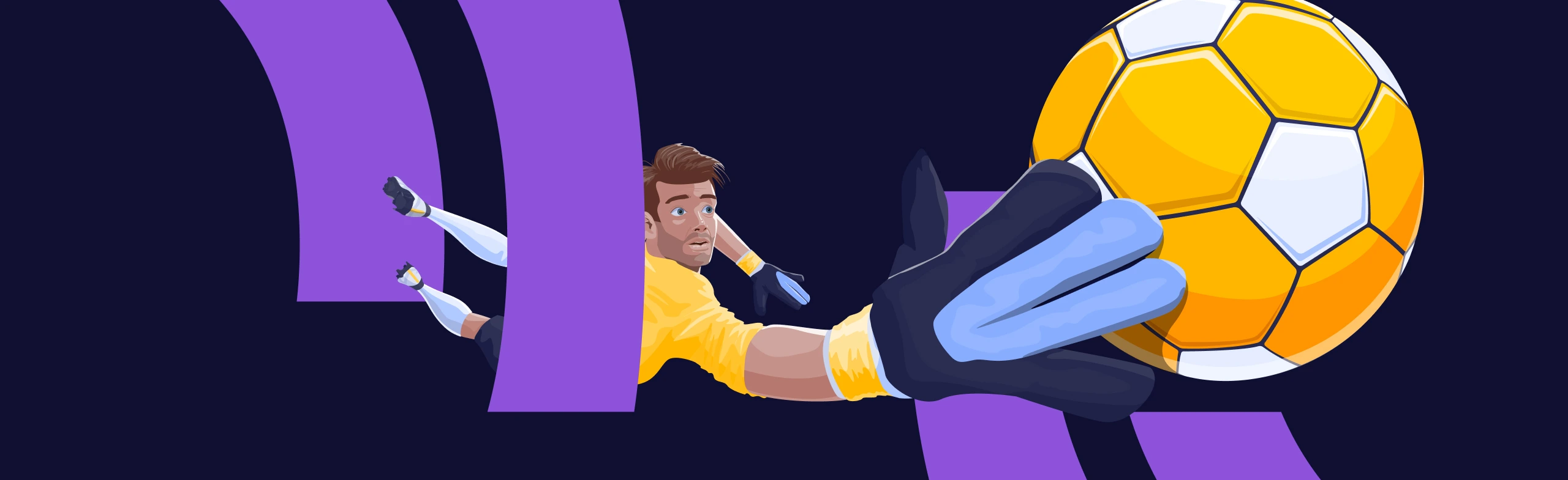 a graphic soccer goalkeeper dives towards the screen, the soccer ball just about to hit his hand