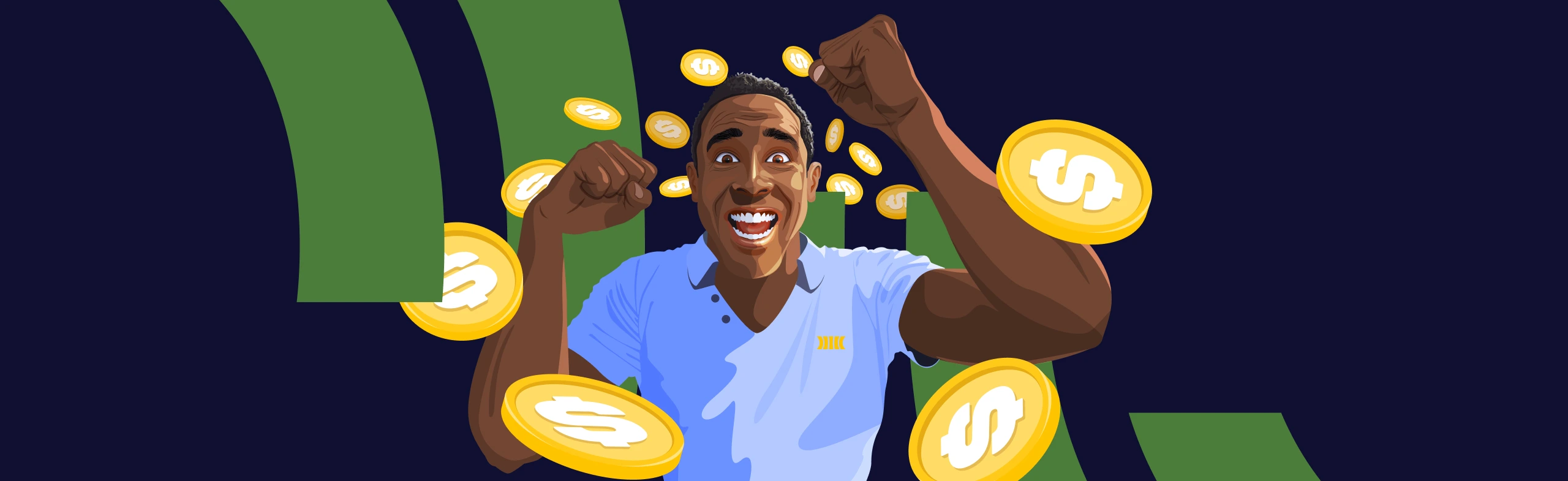 a man raises his fists in excitement at the screen, his mouth open with excitement. bitcoin coins rain around him.