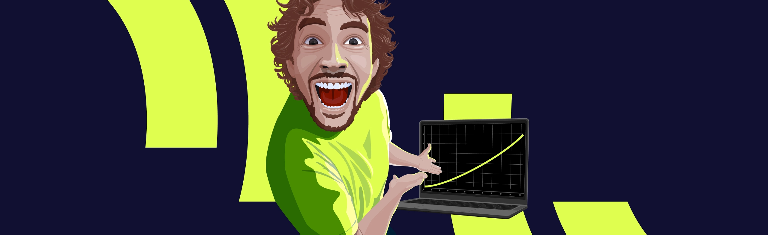 graphic illustration of a man with his mouth wide open in excitement motioning toward a laptop screen displaying a rising line on a graph