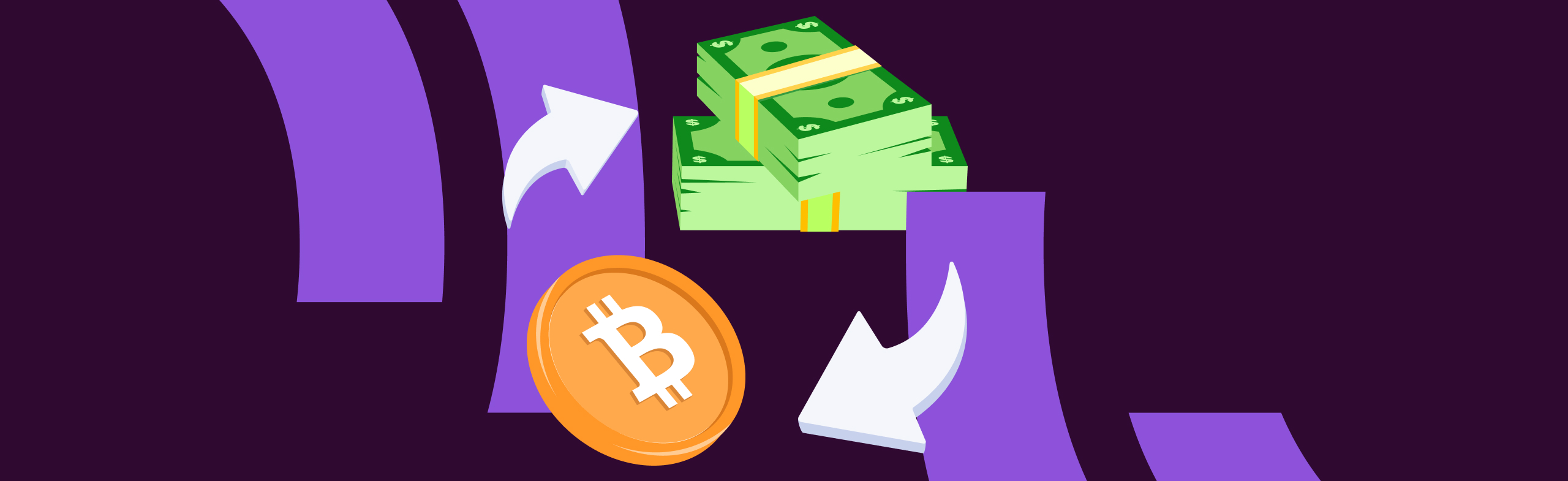 graphic illustration of stacks of money and a bitcoin coin with arrows rotating between them