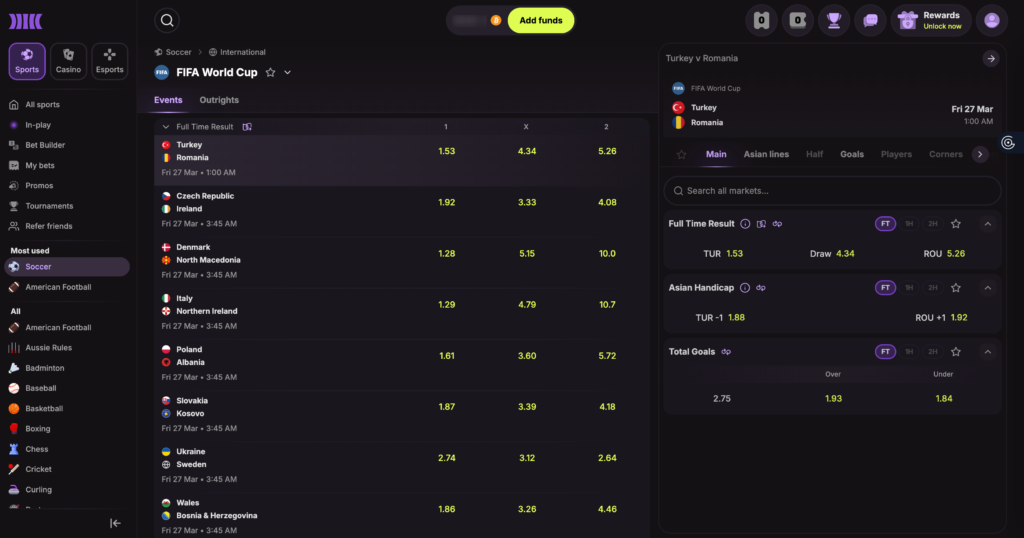 Group stage odds on the Cloudbet sportsbook UI