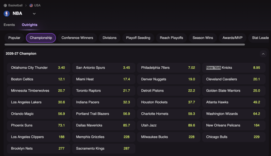 screenshot of cloudbet sportsbook's nba 2026-27 championship odds